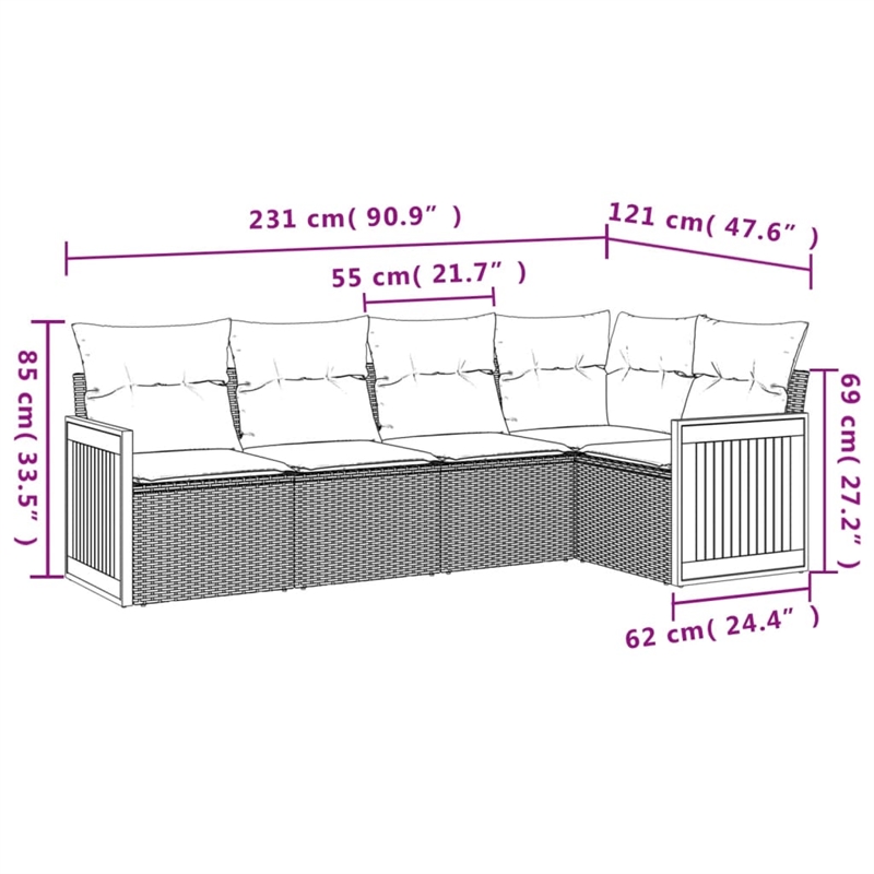 Afuera Living Contemporary 5 Piece Poly Rattan Sofa Set in Gray
