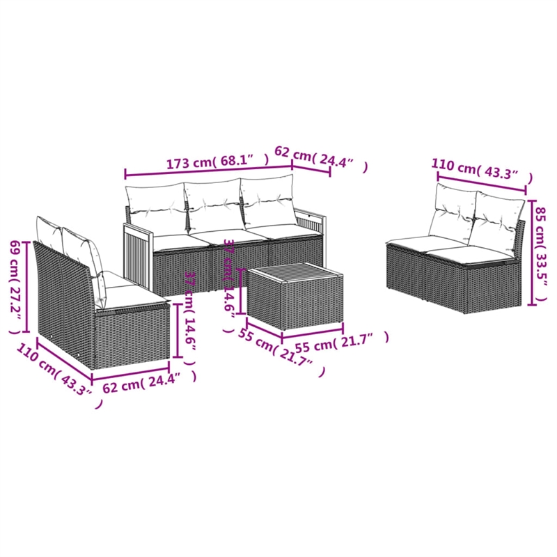 Afuera Living Contemporary 8 Piece Poly Rattan Sofa Set in Gray