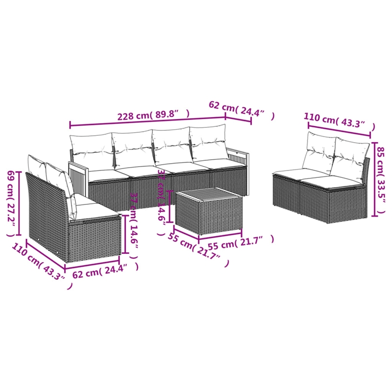 Afuera Living Contemporary Synthetic Poly Rattan 9 Piece  Sofa Set in Black
