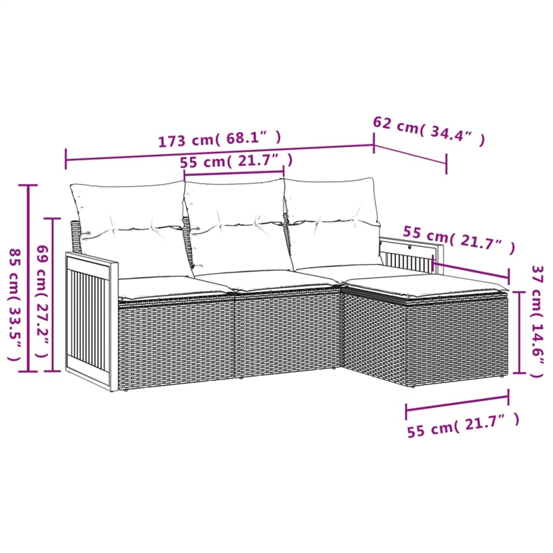 Afuera Living Contemporary 4 Piece Poly Rattan Large Sofa Set in Beige