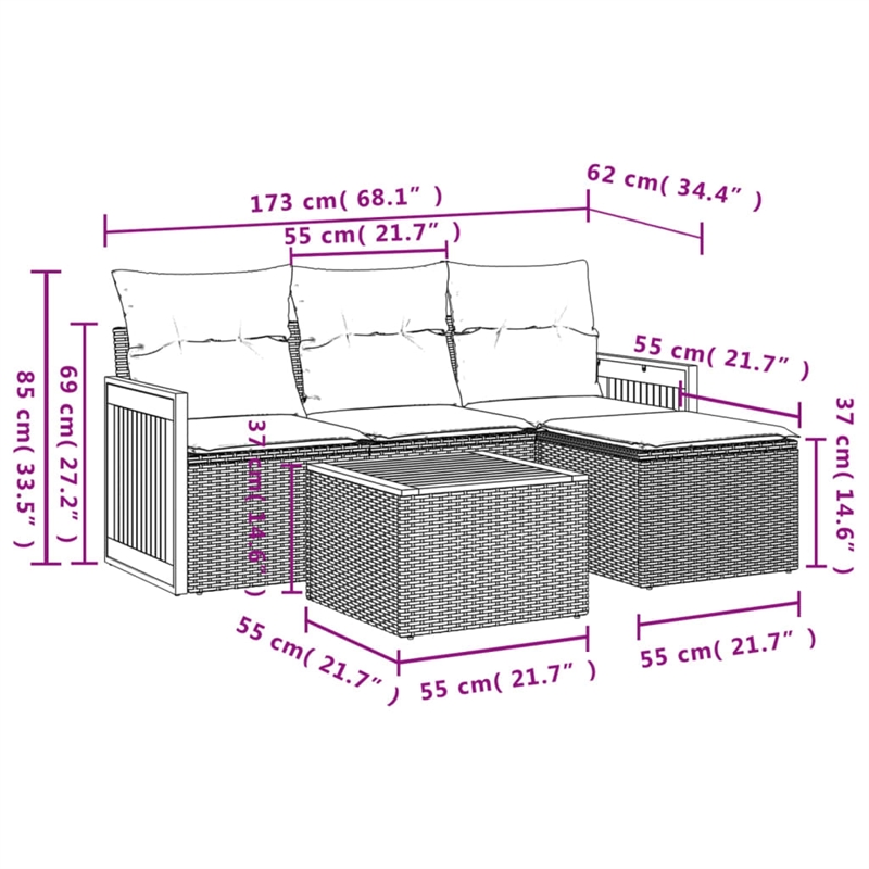 Afuera Living Contemporary Synthetic Poly Rattan 5 Piece Large Sofa Set in Black