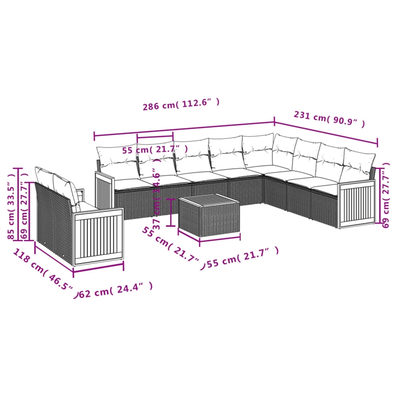 Afuera Living Contemporary Synthetic Poly Rattan 11 Piece  Sofa Set in Black
