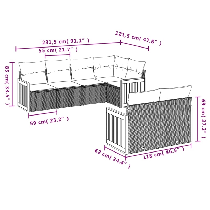 Afuera Living Contemporary 7 Piece Poly Rattan Large Sofa Set in Beige