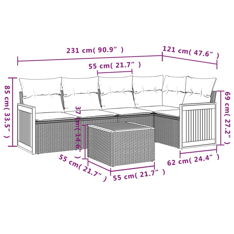 Afuera Living Contemporary Synthetic Poly Rattan 6 Piece Small Sofa Set in Gray