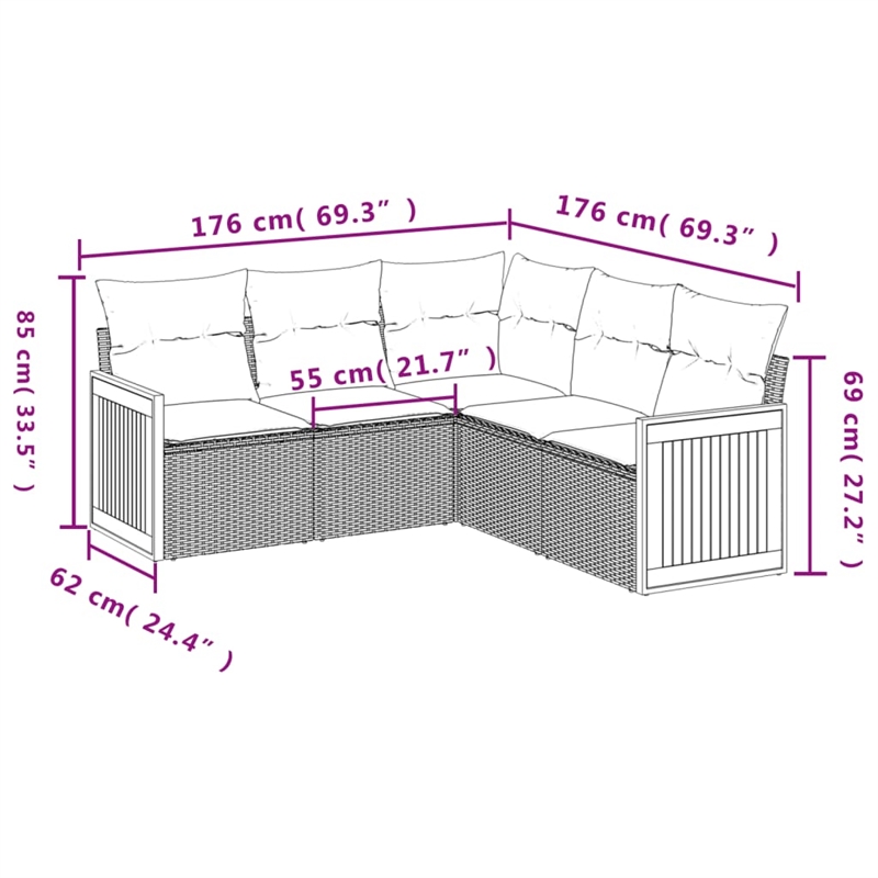 Afuera Living Contemporary 5 Piece Poly Rattan Patio Sofa Set in Black