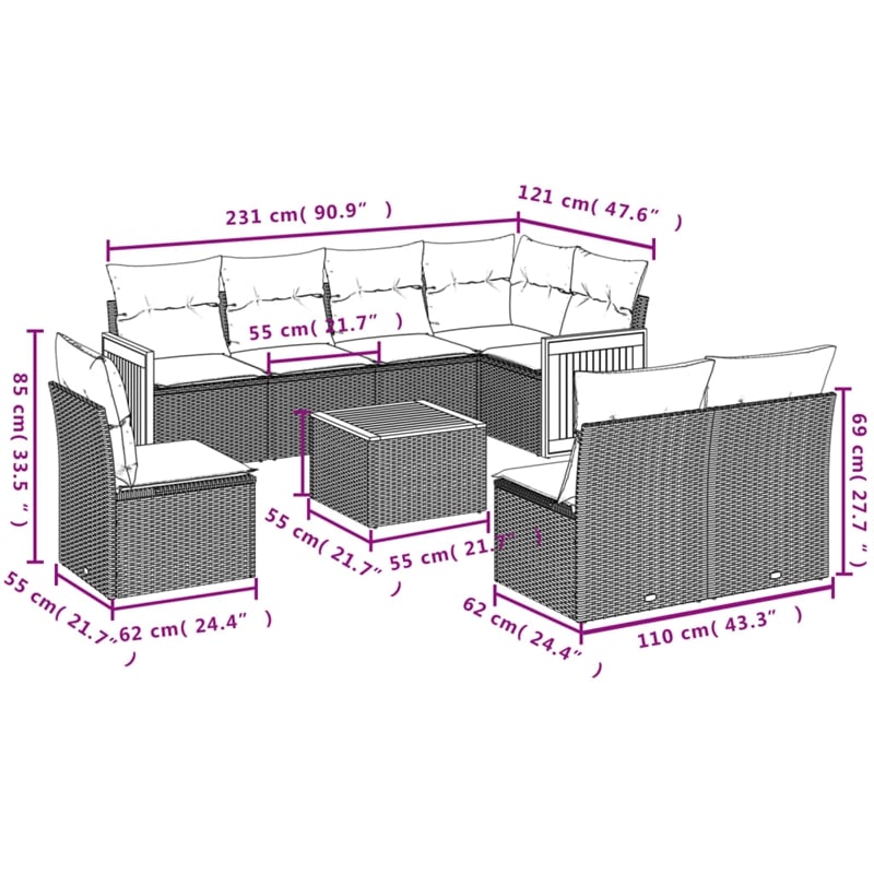 Afuera Living Contemporary Synthetic Poly Rattan 9 Piece  Sofa Set in Gray