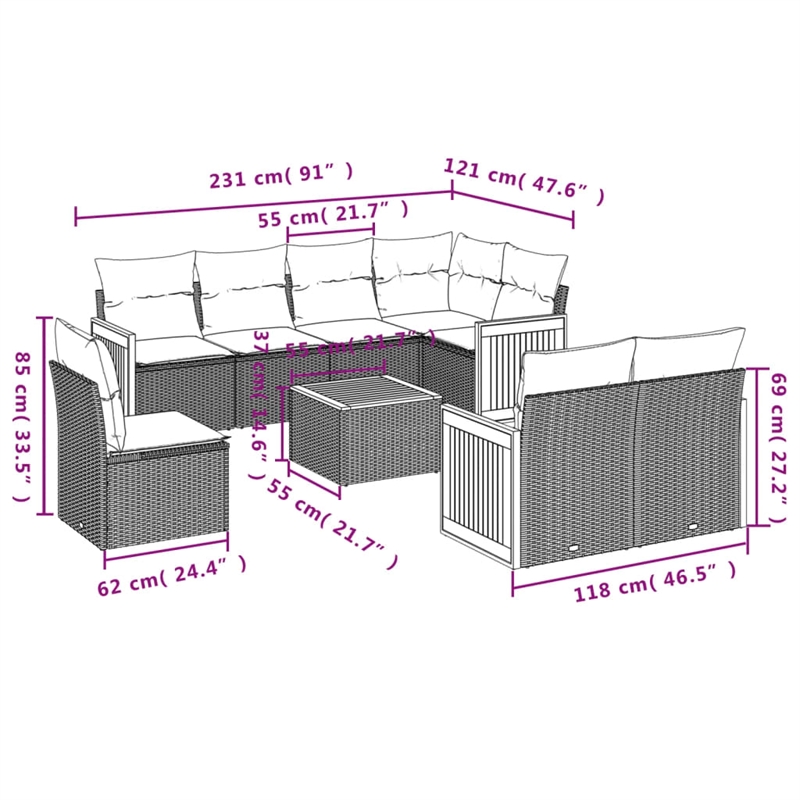 Afuera Living Contemporary 9 Piece Poly Rattan Sofa Set in Beige