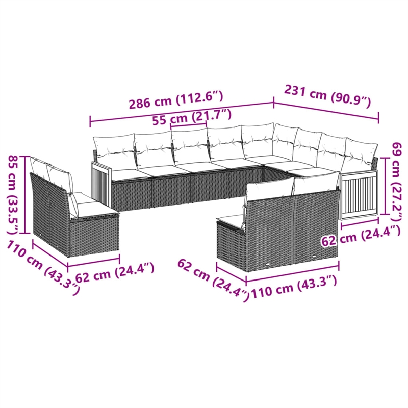 Afuera Living Contemporary Synthetic Poly Rattan 12 Piece  Sofa Set in Gray