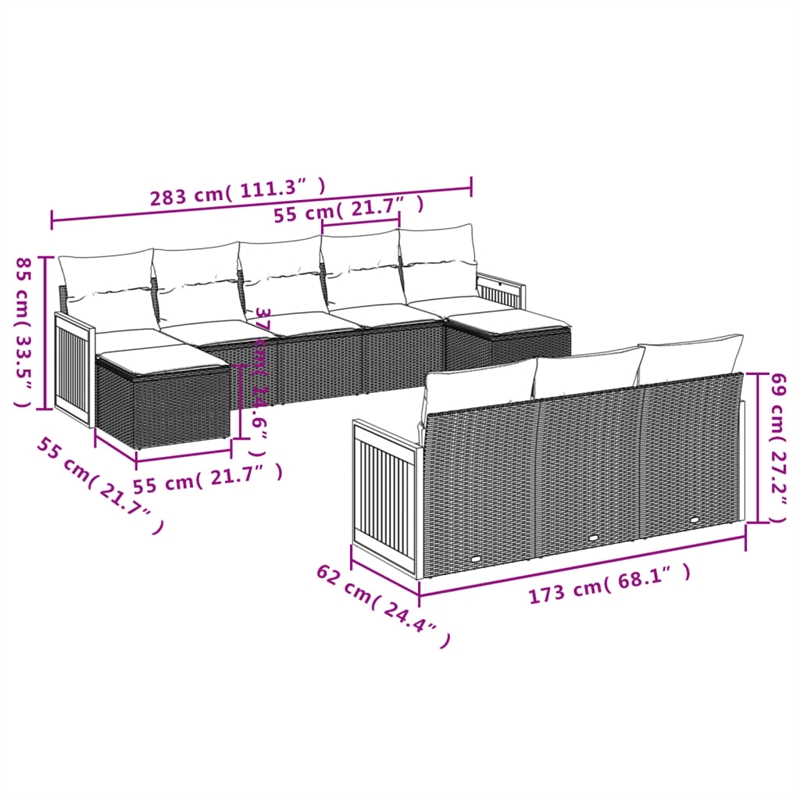 Afuera Living Contemporary 10 Piece Poly Rattan Sofa Set in Black/Cream