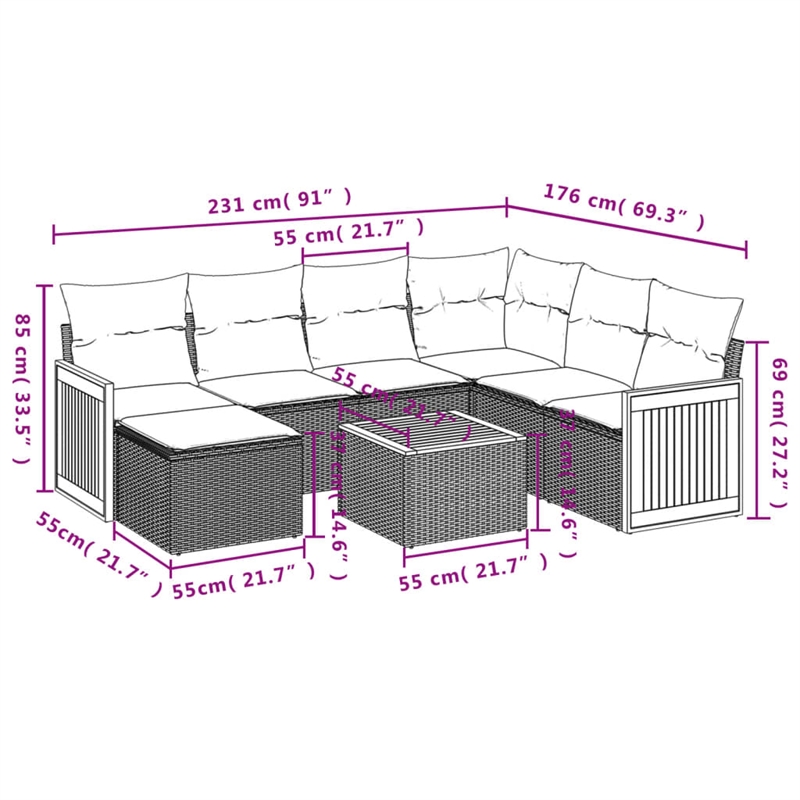 Afuera Living Contemporary 8 Piece Poly Rattan Large Sofa Set in Beige