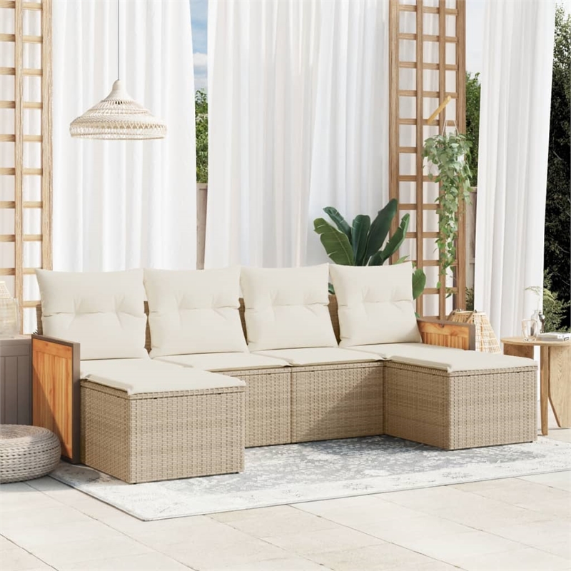 Afuera Living Contemporary Synthetic Poly Rattan 6 Piece  Sofa Set in Beige