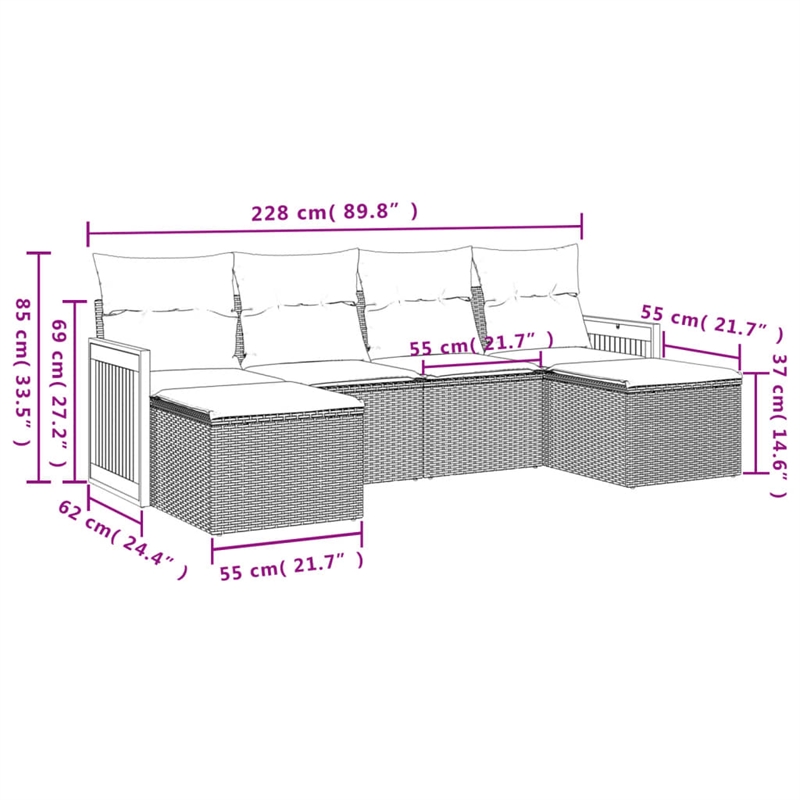 Afuera Living Contemporary Synthetic Poly Rattan 6 Piece  Sofa Set in Beige