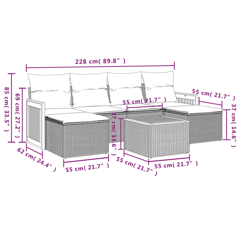 Afuera Living Contemporary 7 Piece Poly Rattan Medium Sofa Set in Beige