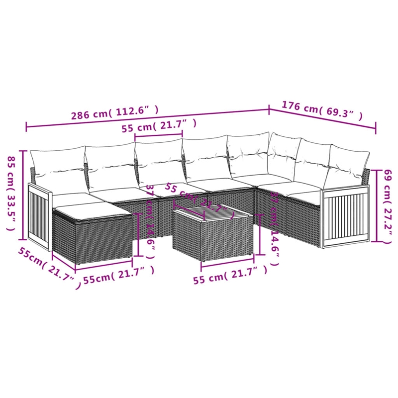 Afuera Living Contemporary 9 Piece Poly Rattan Sofa Set in Black