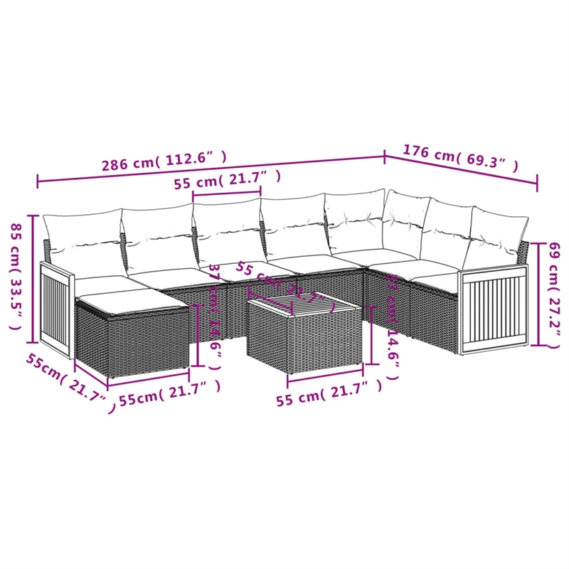 Afuera Living Contemporary Synthetic Poly Rattan 9 Piece Small Sofa Set in Beige
