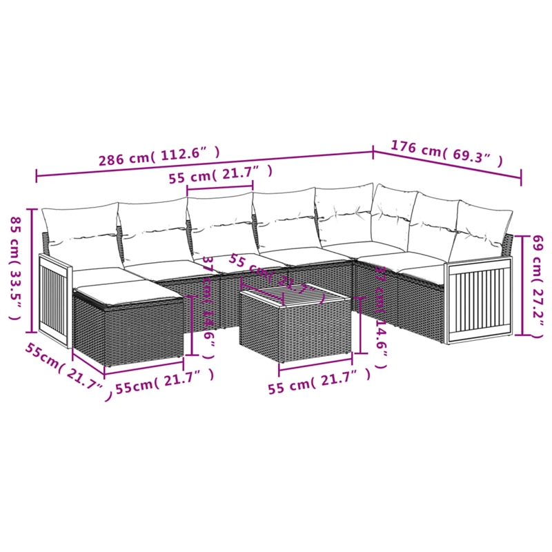 Afuera Living Contemporary Synthetic Poly Rattan 9 Piece Sofa Set in Beige