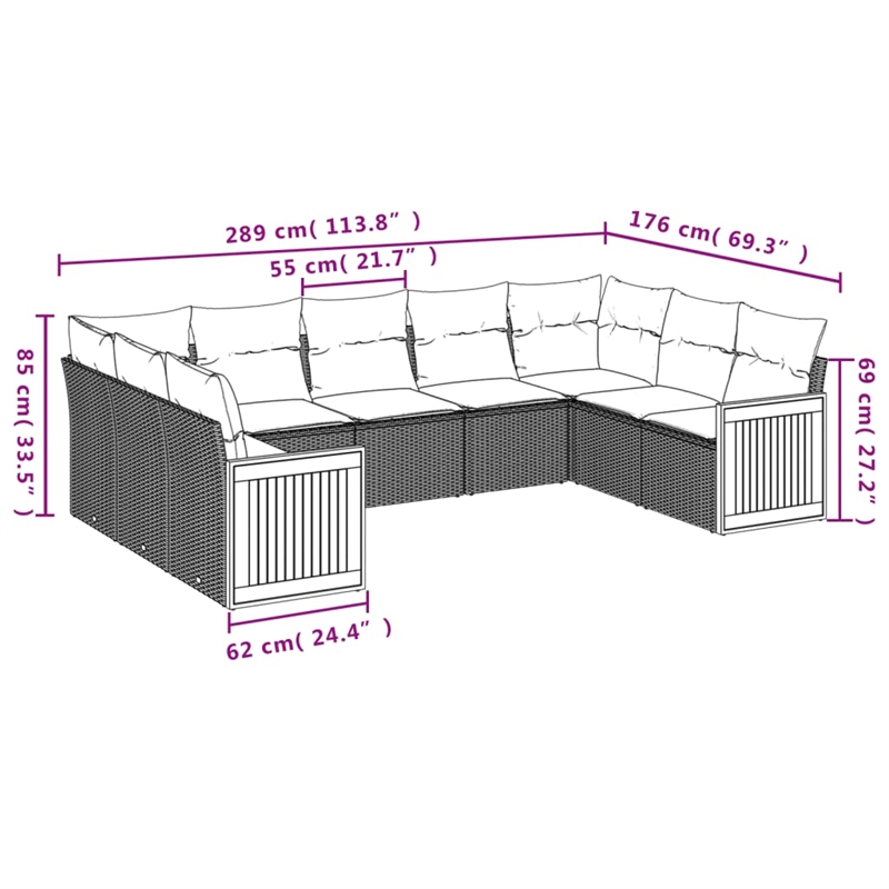 Afuera Living Contemporary 9 Piece Poly Rattan Sofa Set in Gray