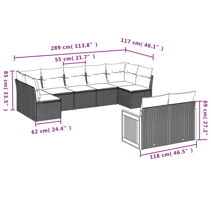 Afuera Living Contemporary 9 Piece Poly Rattan Sofa Set in Gray