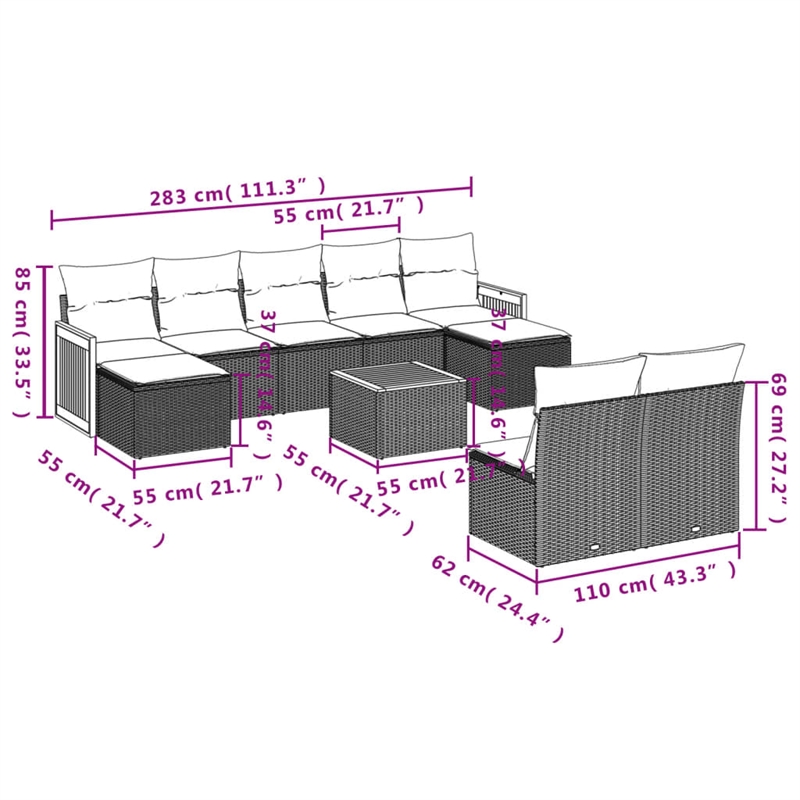 Afuera Living Contemporary Synthetic Poly Rattan 10 Piece  Sofa Set in Black