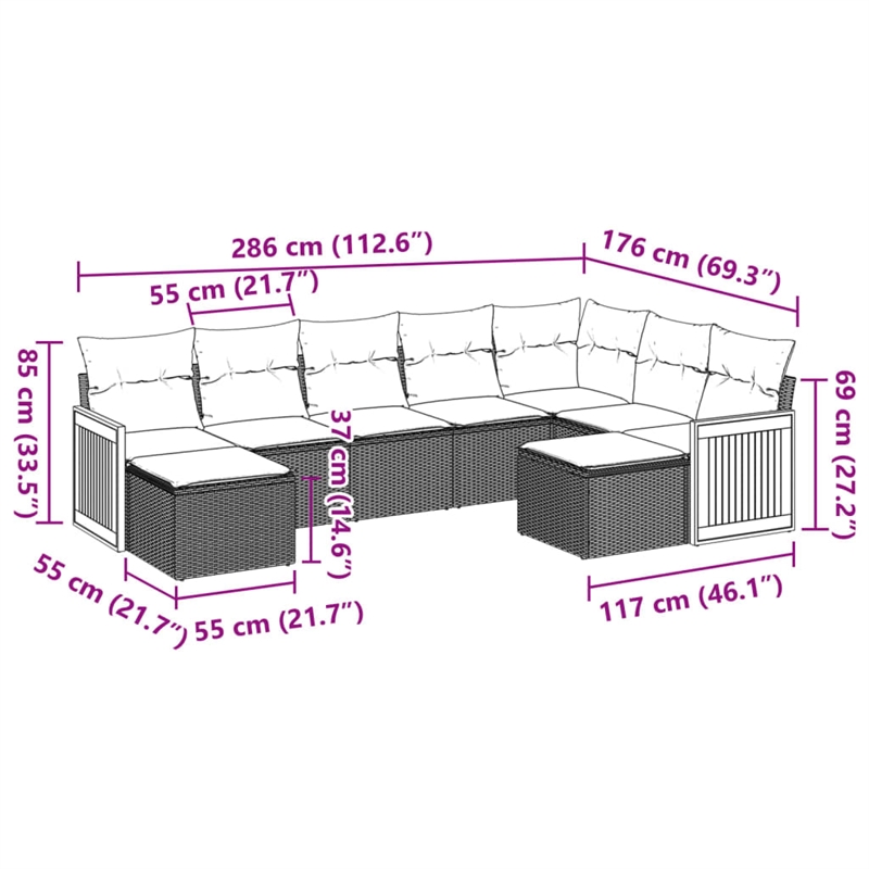 Afuera Living Contemporary Synthetic Poly Rattan 9 Piece  Sofa Set in Gray