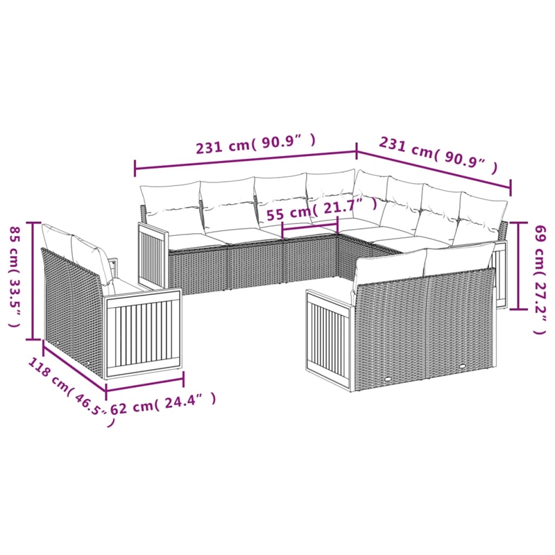Afuera Living Contemporary 11 Piece Poly Rattan Large Sofa Set in Beige