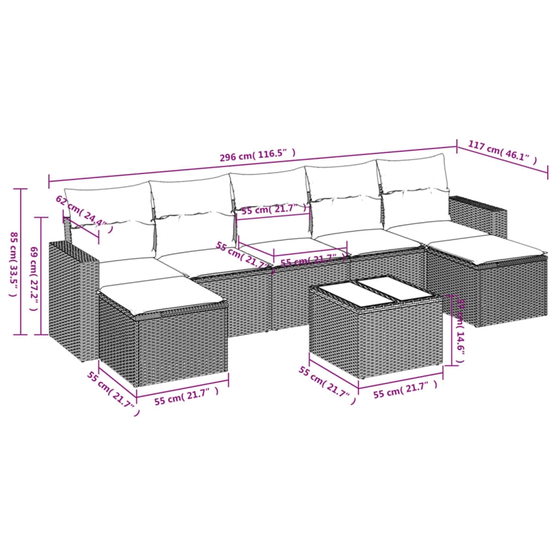 Afuera Living Contemporary 8 Piece Poly Rattan Large Sofa Set in Beige
