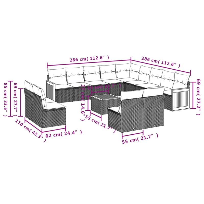 Afuera Living Contemporary Synthetic Poly Rattan 14 Piece Sofa Set in Gray