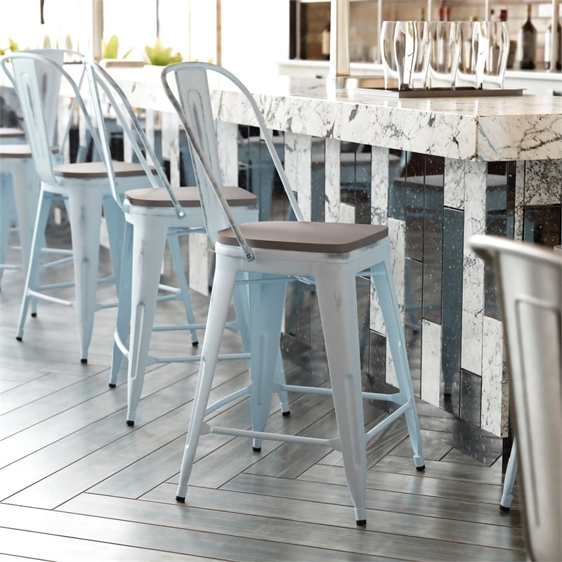 Afuera Living Counter Height Stool with Poly Resin Seat in Green in Blue/Gray