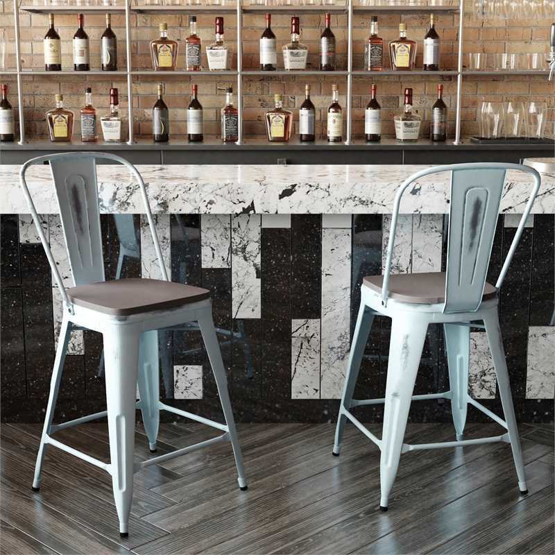 Afuera Living Counter Height Stool with Poly Resin Seat in Green in Blue/Gray