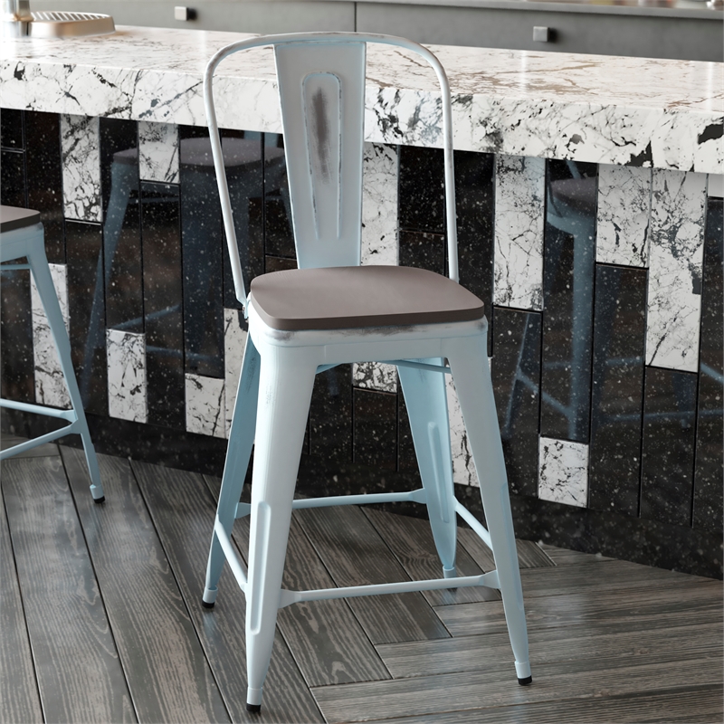 Afuera Living Counter Height Stool with Poly Resin Seat in Green in Blue/Gray