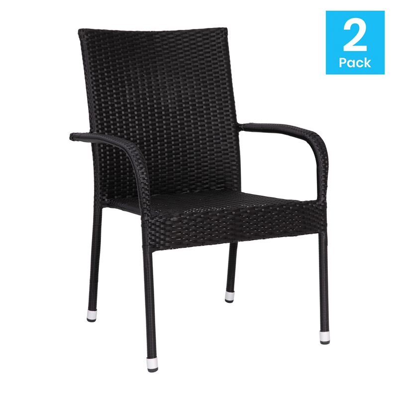 Afuera Living Stacking Steel Framed Black Wicker Dining Armchairs - 2 Pack