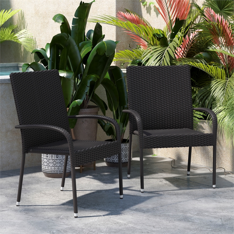 Afuera Living Stacking Steel Framed Black Wicker Dining Armchairs - 2 Pack