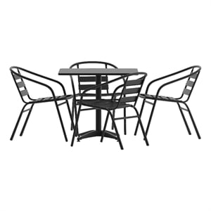 Afuera Living 31.5&quot Square Glass Frame Table with 4 Black Slat Back Chairs