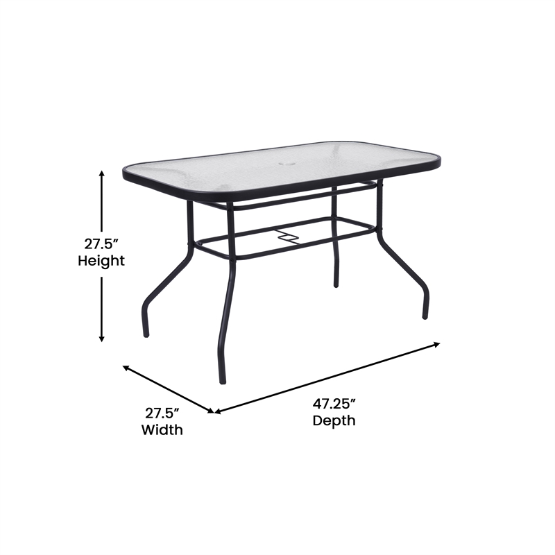 Afuera Living 47.25x27.5 Glass & Steel Patio Table with Umbrella Hole in Black