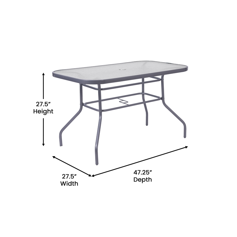 Afuera Living 47.25x27.5 Glass & Steel Patio Table with Umbrella Hole in Silver