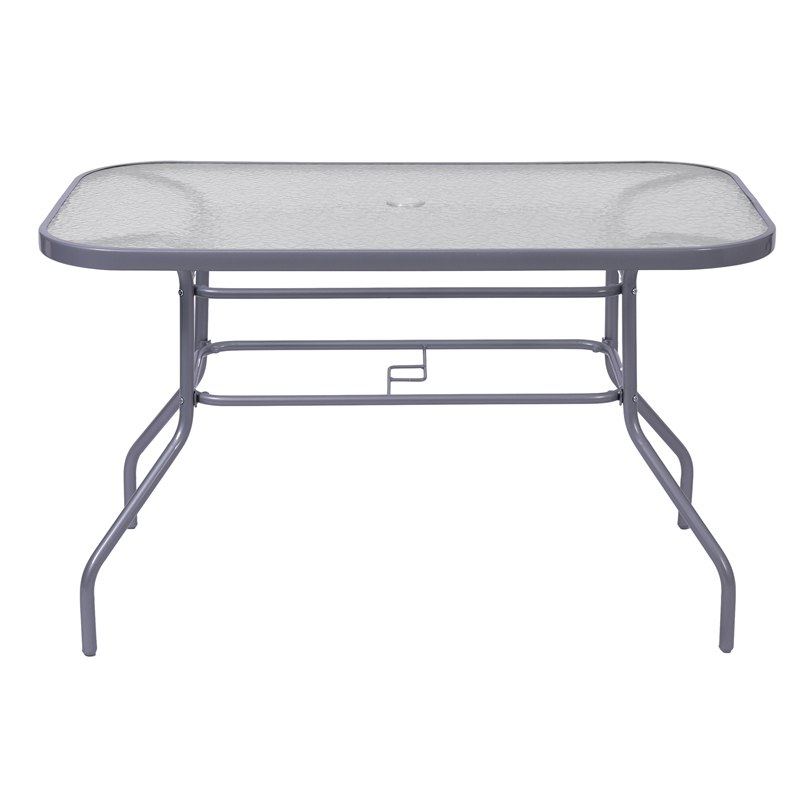 Afuera Living 47.25x27.5 Glass & Steel Patio Table with Umbrella Hole in Silver