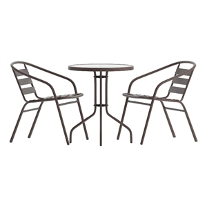Afuera Living 23.75&quot Round Glass Frame Table with 2 Bronze Slat Back Chairs