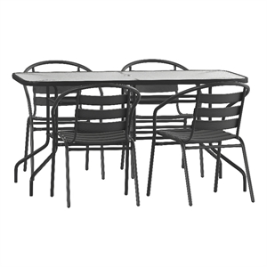Afuera Living 5 Pc Patio Dining Set - 55&quot Glass Patio Table 4 Black Stack Chairs