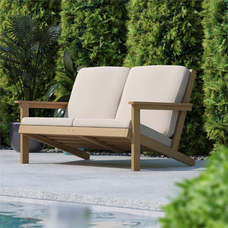 Afuera Living Poly Resin Adirondack Loveseat & Cushions in Natural Cedar/Cream
