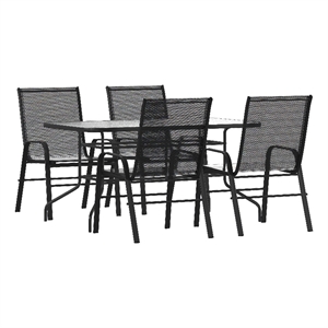 Afuera Living 5 Pc Patio Dining Set - 55&quot Glass Patio Table 4 Black Stack Chairs