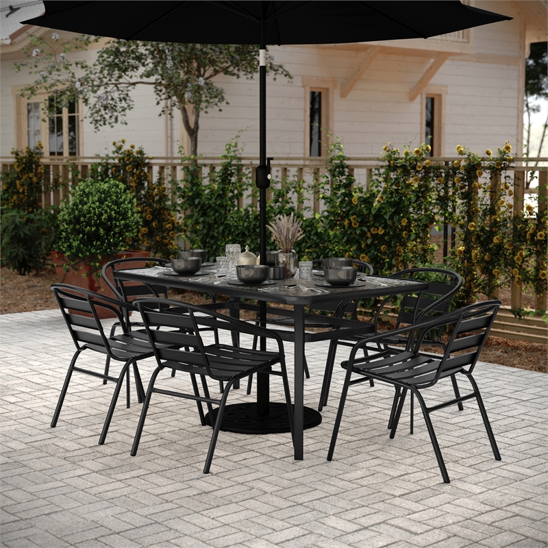 Afuera Living Patio Dining Set with Tempered Glass Top Table & 6 Chairs in Black