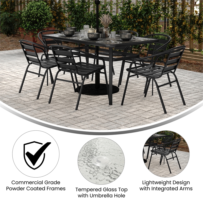 Afuera Living Patio Dining Set with Tempered Glass Top Table & 6 Chairs in Black