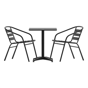 Afuera Living 23.5&quot Square Glass Frame Table with 2 Black Slat Back Chairs