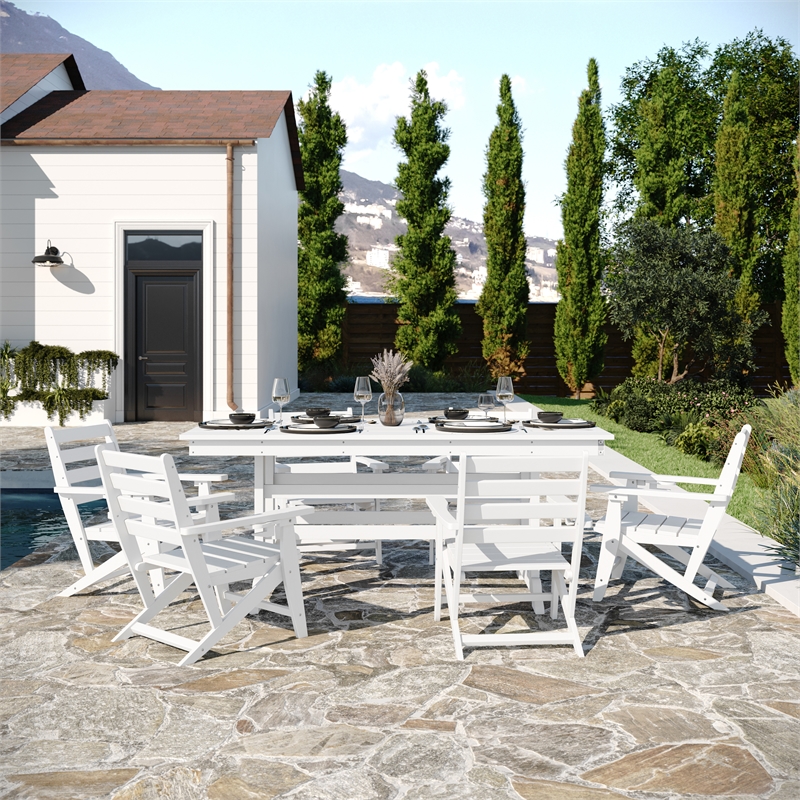 Afuera Living All Weather Adirondack Table & 6 Chairs with Cupholders in White