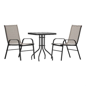 Afuera Living 3 Pc Patio Dining Set - 23.5&quot Glass Table 2 Brown Stack Chairs