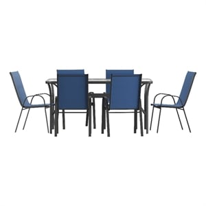 Afuera Living 7 Pc Outdoor Patio Dining Set with Glass Table & 6 Chairs in Navy