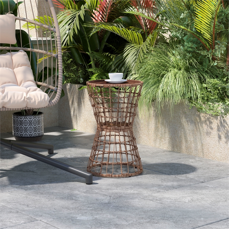 Afuera Living Indoor/Outdoor Natural Boho Rattan Rope Table with Acacia Wood Top