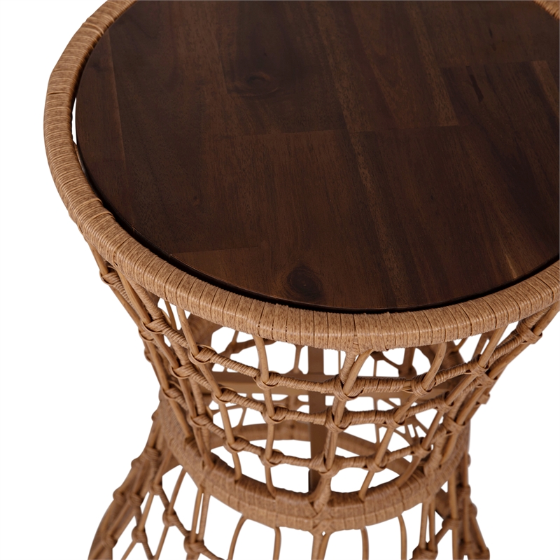 Afuera Living Indoor/Outdoor Natural Boho Rattan Rope Table with Acacia Wood Top