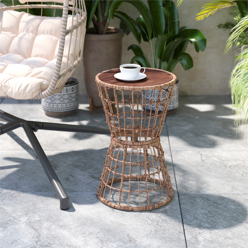 Afuera Living Indoor/Outdoor Natural Boho Rattan Rope Table with Acacia Wood Top
