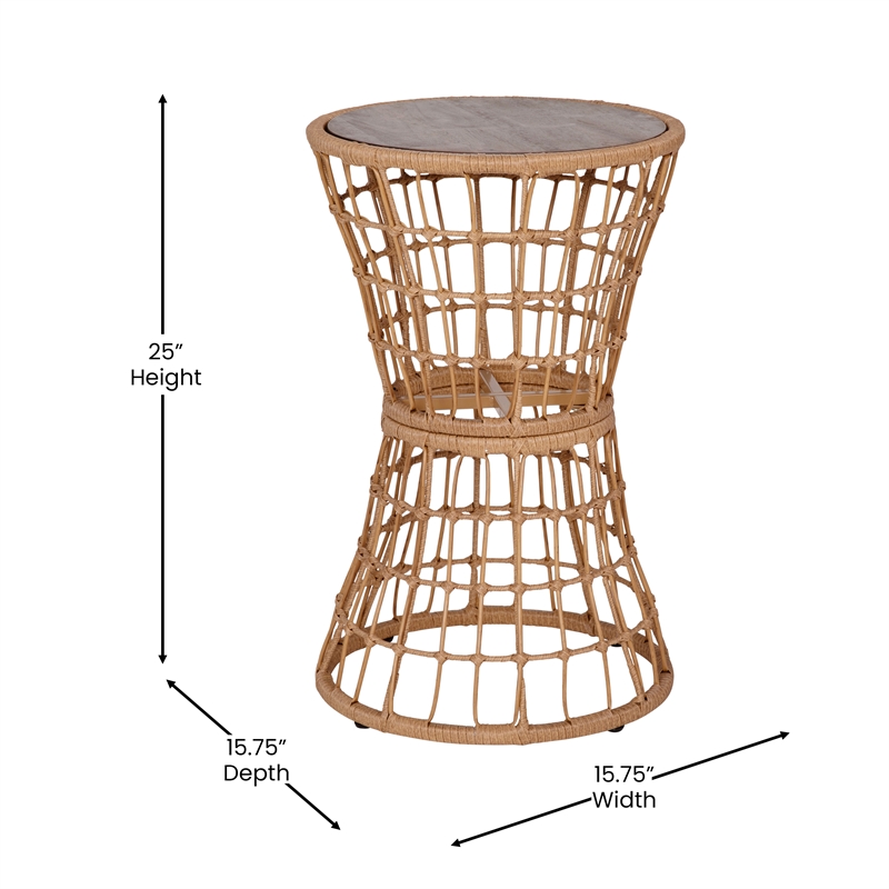 Afuera Living Indoor/Outdoor Natural Boho Rattan Rope Table with Acacia Wood Top